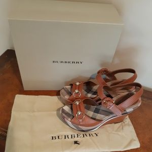 Burberry Check Leather Wedge Sandals